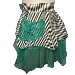 VTG 1950s Harlequin Organza Hostess Apron Green Sheer Ruffle One Size